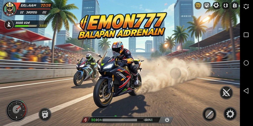 Tampilan gameplay seru dalam balapan motor EMON777.