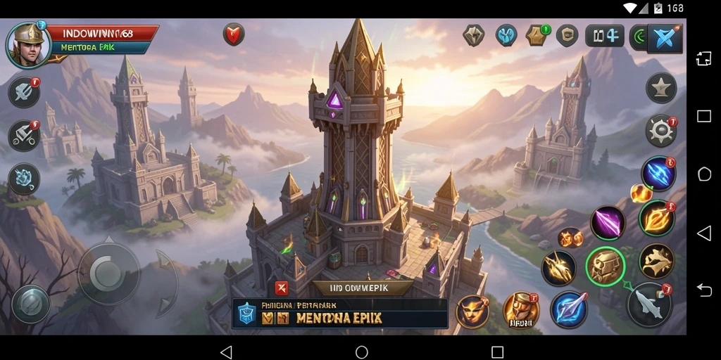 Screenshot gameplay INDOWIN168 menampilkan pertempuran Tower Defense yang seru.