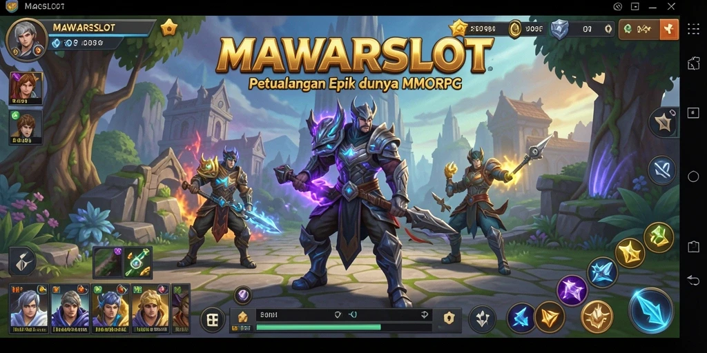 Tangkapan layar MAWARSLOT menampilkan pertarungan epik antara karakter pemain dan monster.
